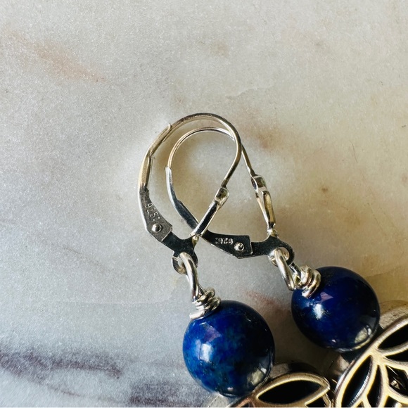 Lapis Lazuli Earrings with Lotus Flower Sterling Silver Lever Back - Picture 10 of 11